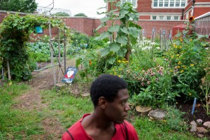 Tall brick walls conceal a colorful garden at Eastern Senior High School in Washington, D.C., where students like Romario Bramwell, 17, harvest flowers and produce. The program is run by City Blossoms, a nonprofit that brings gardens to urban areas. Lydia Thompson/NPR