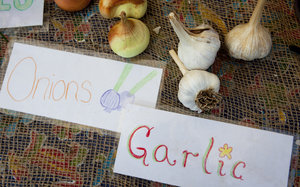 Homemade signs decorate the table at the Aya farmers market, where the kids of City Blossoms sell their produce on Saturdays. Lydia Thompson/NPR